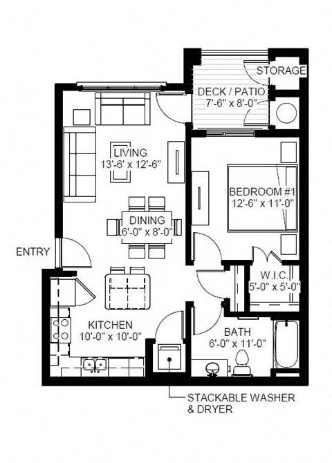 Floor plan for 1 bed, 1 bath, 754 sqft